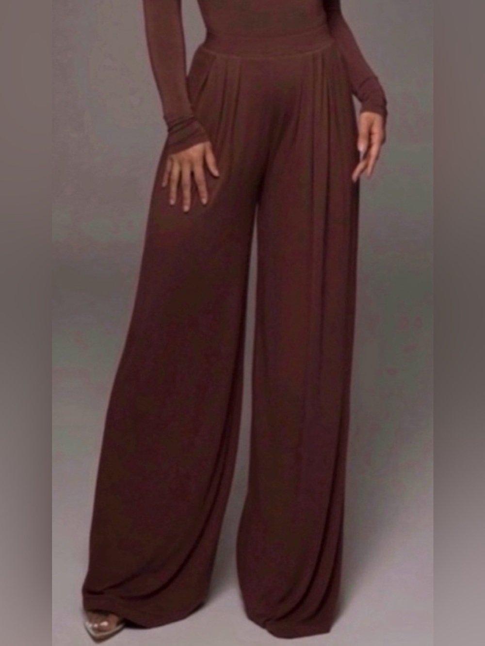 Women’s Dark Brown Self-Double Layer Wide Leg Pants Large